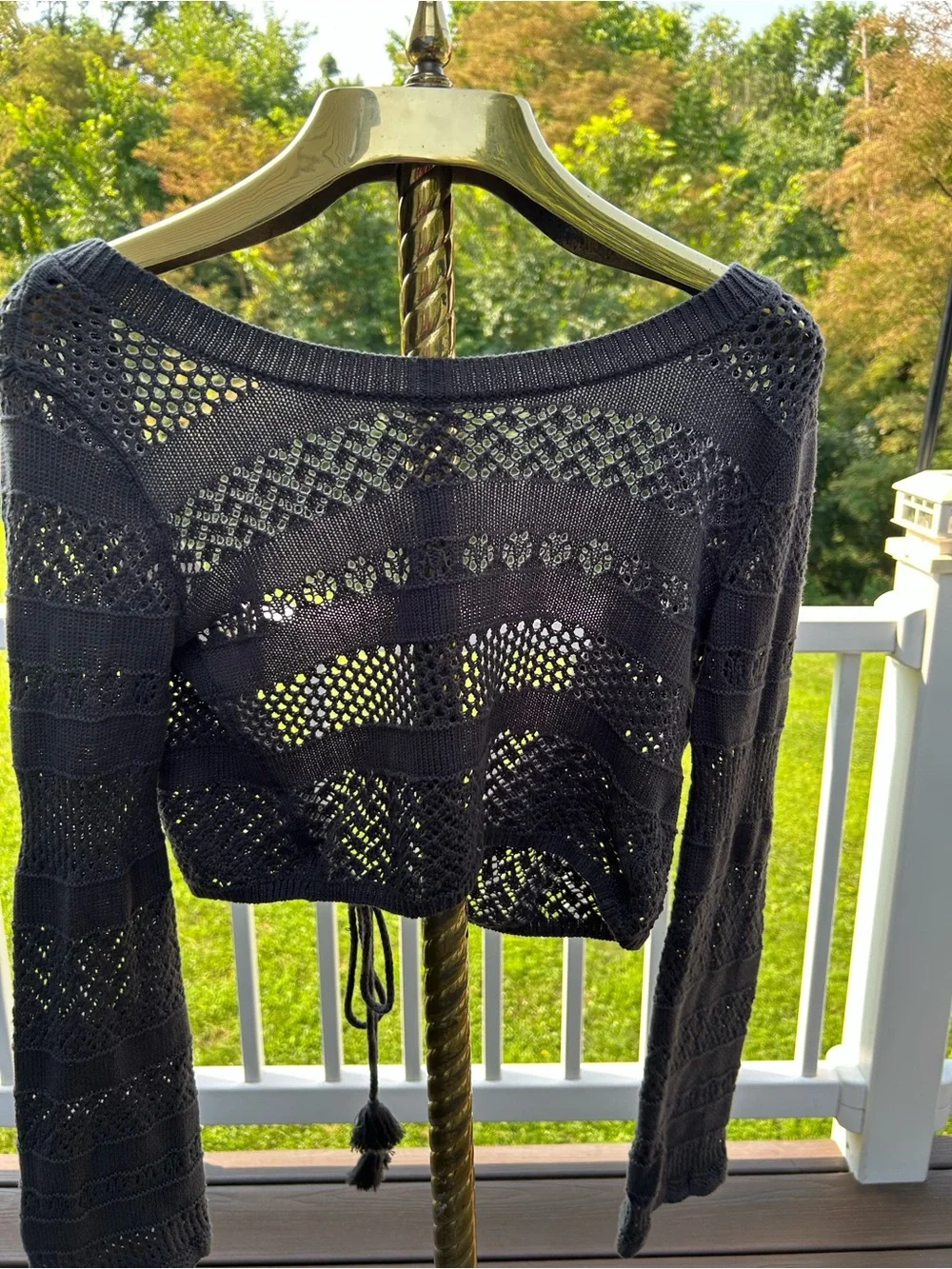 Open-Knit Tie-Front Women's Sweater - Black